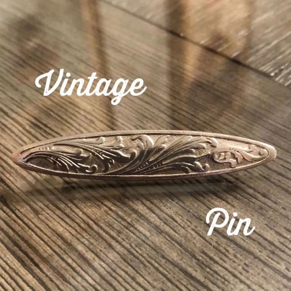 Vintage Oval Bar Pin Scrollwork, Engraved Flourish Design Oblong Shape